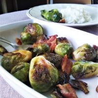 brussels sprouts with bacon in serving dish