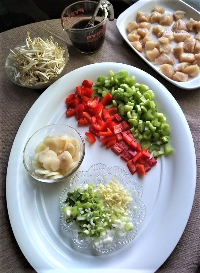 chicken stir fry ingredients chopped and sauce mixed