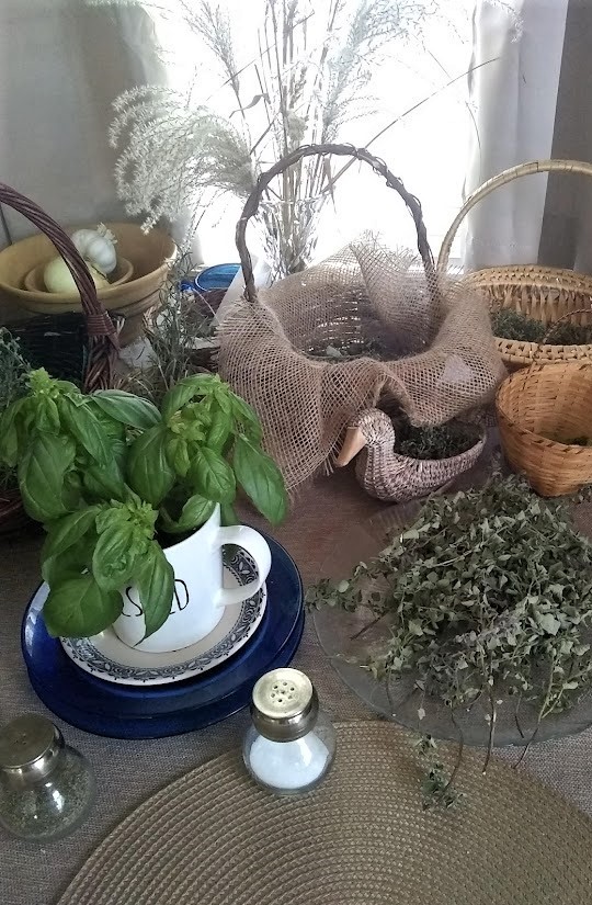 baskets of dried herbs on kitchen table