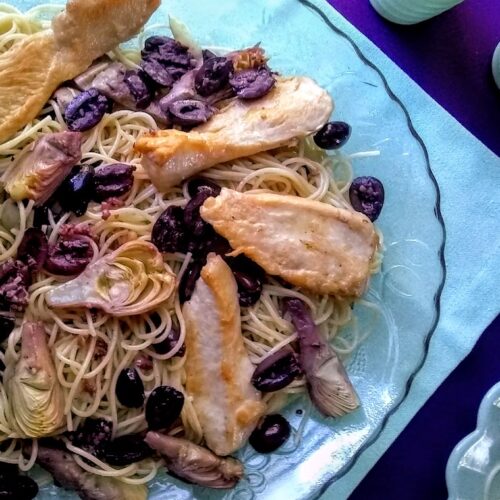 kalamata olives and artichokes with chicken over pasta