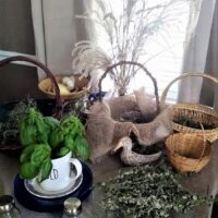 kitchen table with baskets up close
