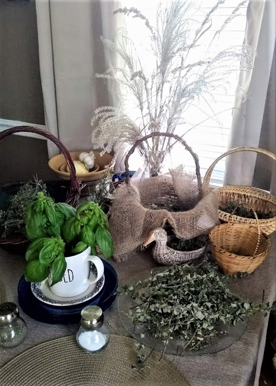 kitchen table with baskets up close