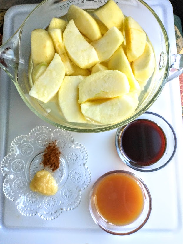 ingredients for applesauce apples maple syrup apple cider ginger and cinnamon