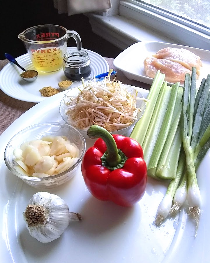 chicken stir fry ingredients red pepper scallions celery garlic water chestnuts bean sprouts chicken and sauce ingredients