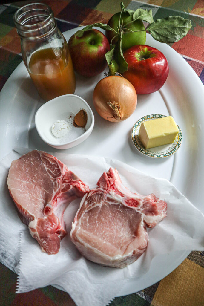 ingredients for pork chops apples and onions center cut pork chops apples yellow onion cider spices butter