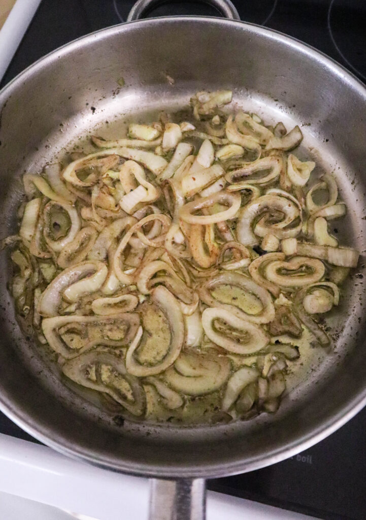 sliced onions browned in butter in skillet for pork chops apples and onions