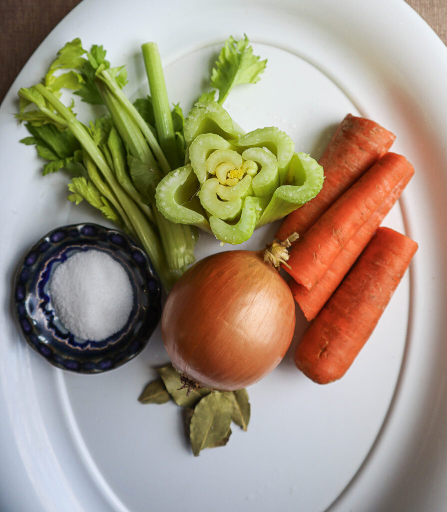 standard stock ingredients carrots onion celery salt and bay leaves