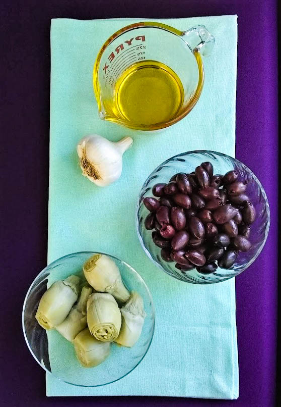 Ingredients artichoke hearts kalamata olives garlic olive oil