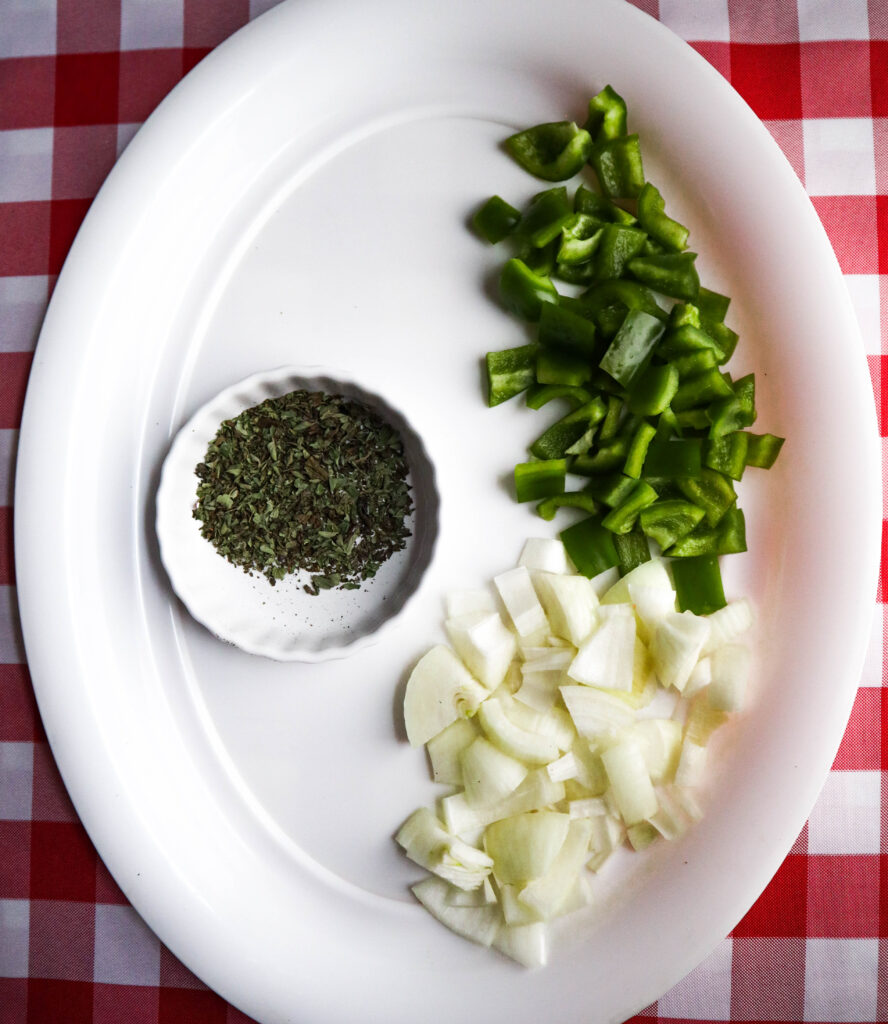 chopped green pepper chopped onion basil and oregano 