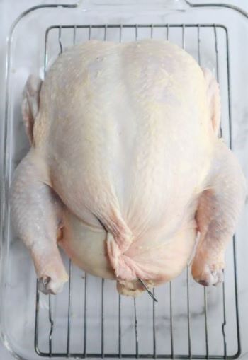 cavity of chicken closed up with turkey pin on roasting rack