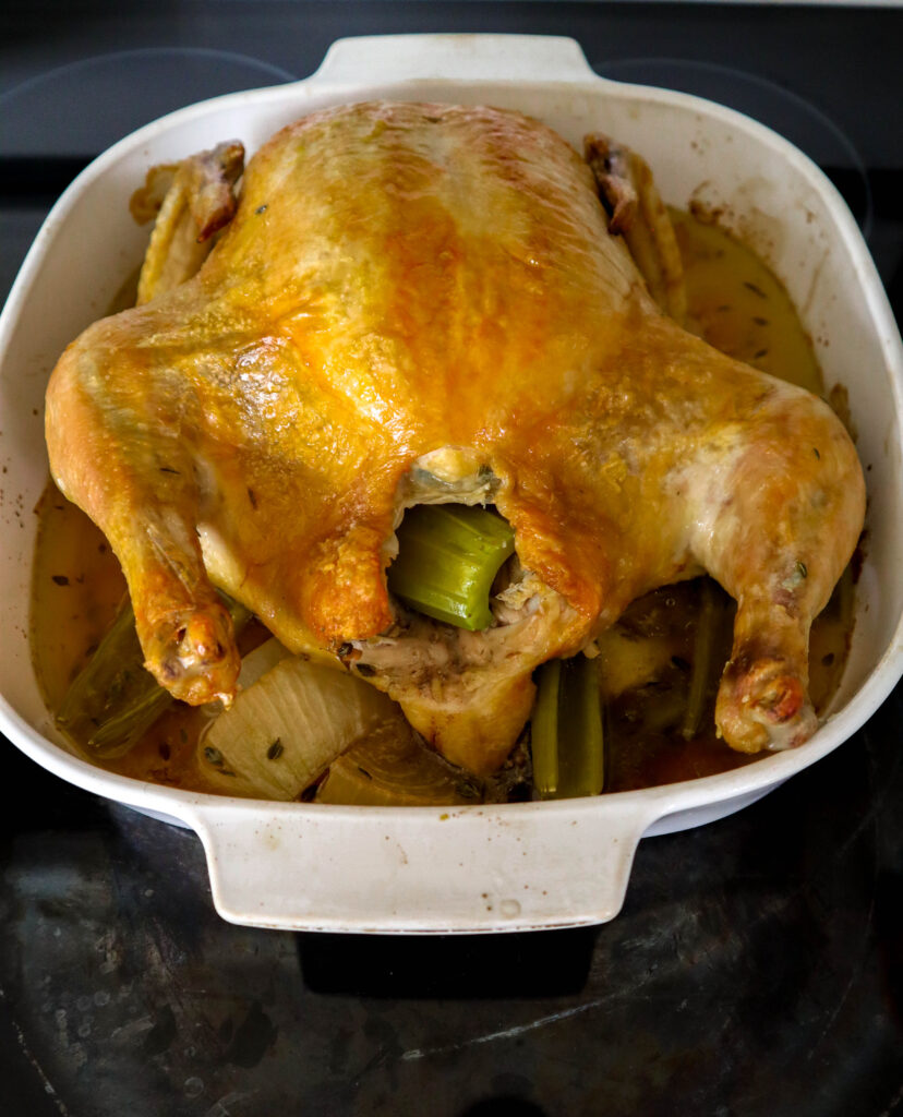 whole roasted chicken out of oven