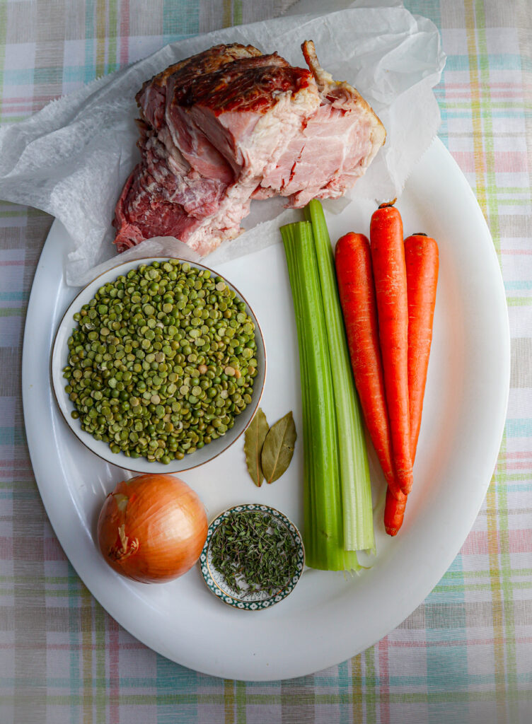 split pea soup ingredients carrots celery ham bone spit peas onion thyme bay leaf