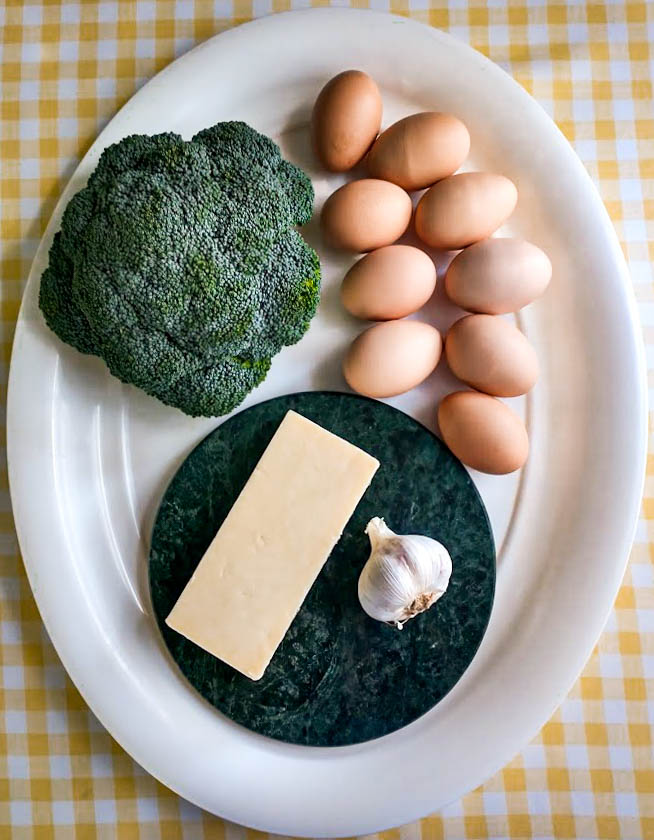 ingredients for broccoli frittata eggs broccoli garlic cheddar cheese