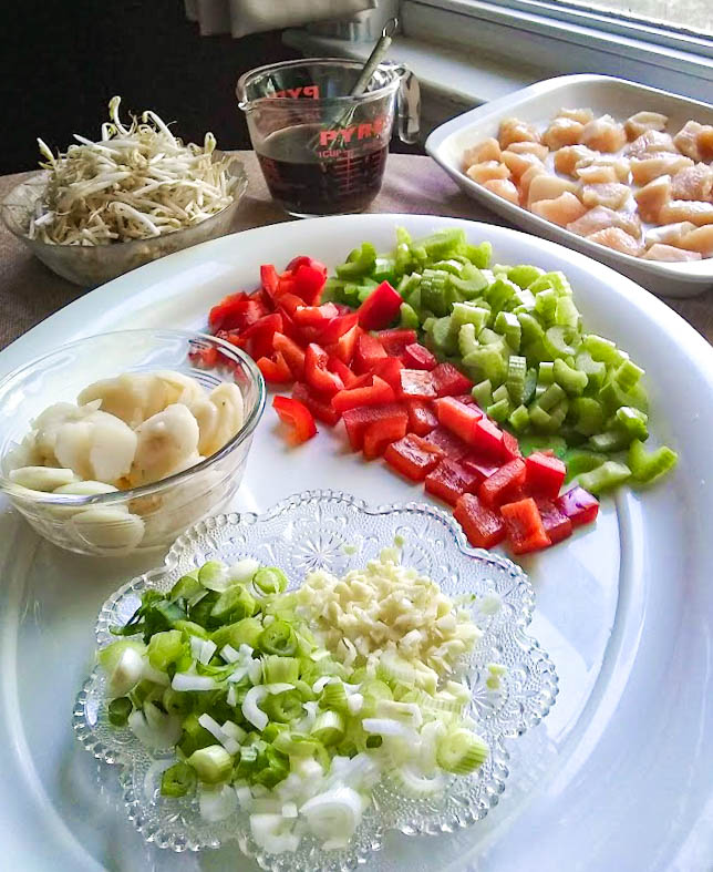 chopped celery red pepper scallions garlic water chestnuts bean sprouts and stir fry sauce of soy sauce ginger and chicken broth