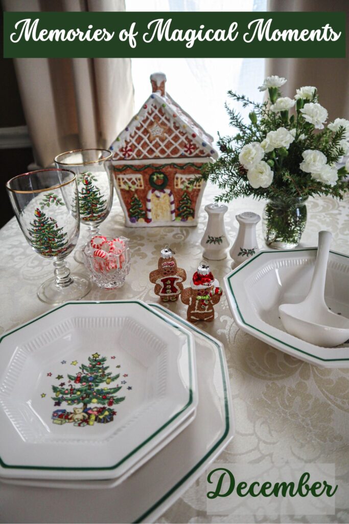 december dinner table with 2 glittered gingerbread characters walking through a wonderland of christmas tree plates