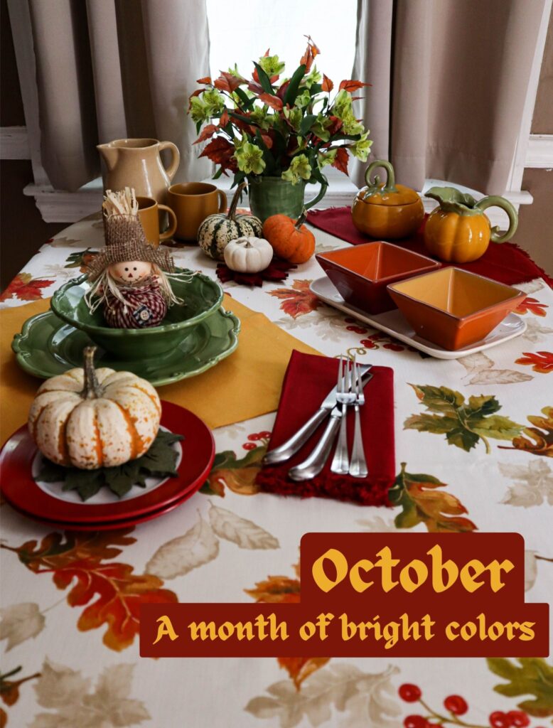 october dinner setting in oranges and browns and ivory a month of bright colors