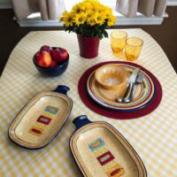 september dinner table setting in yellows and blues