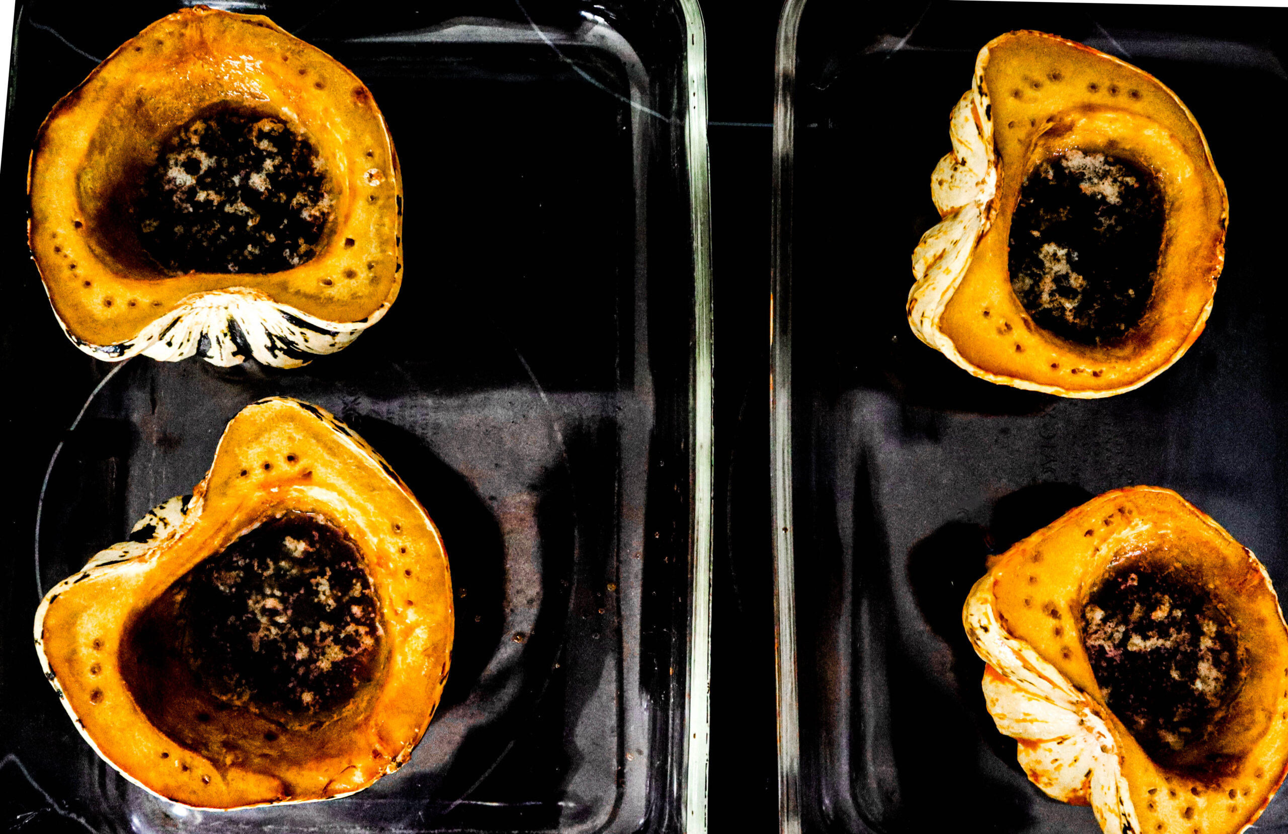 squash halves baked and out of the oven