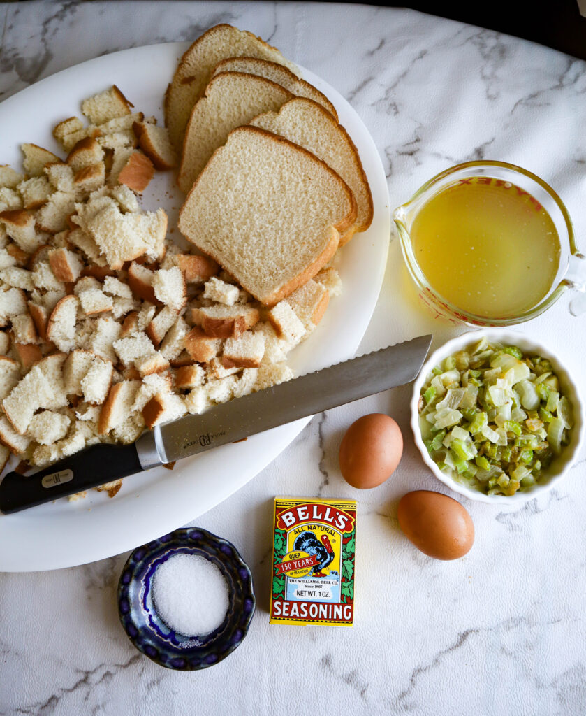 stuffing ingredients sliced white bread stock or broth eggs bells seasoning  sauteed onions and celery