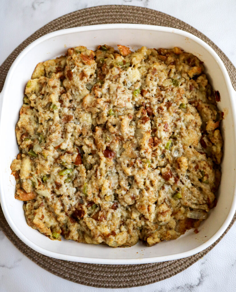 cooked stuffing in a baking dish