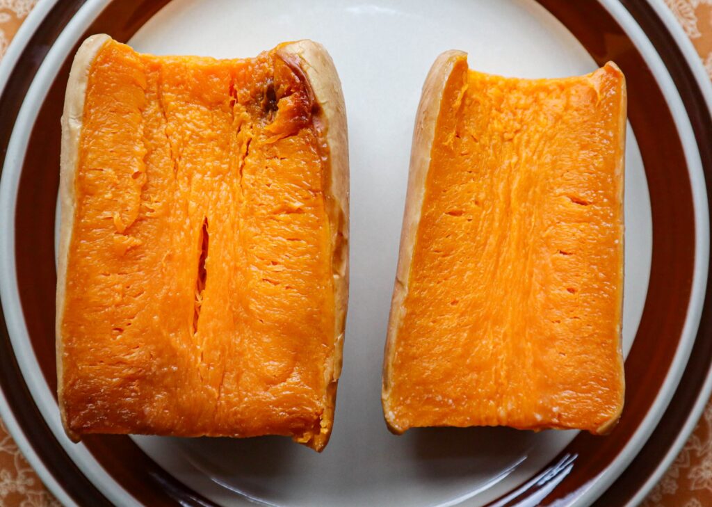 roasted butternut squash meat side up with skin on