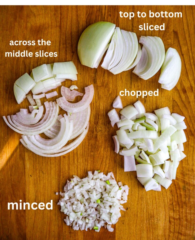 A number of onions which have been sliced chopped and minced.