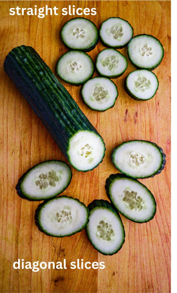 a cucumber that has been sliced in round and diagonal slices