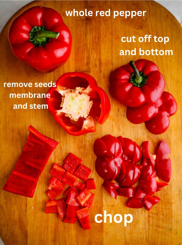a red bell pepper with the steps of cutting it open taking the membrane out sliced and chopped