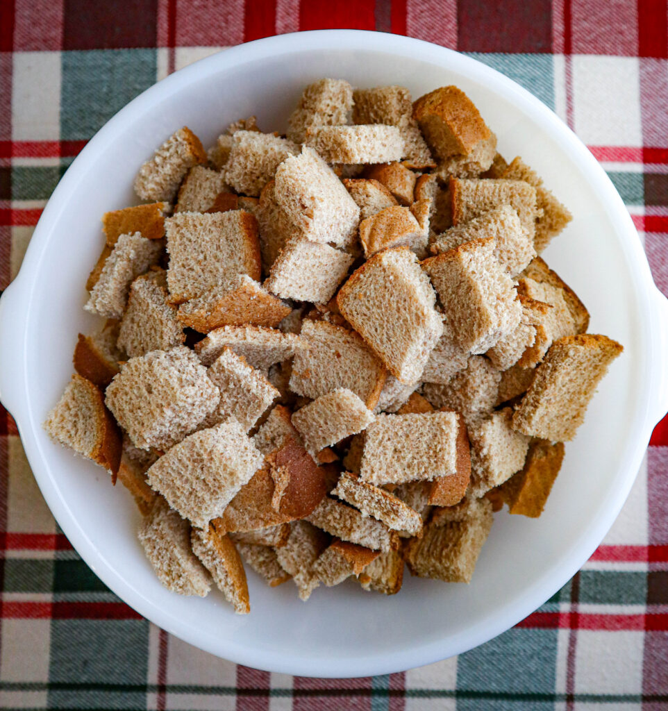 a bowl of cubed bread