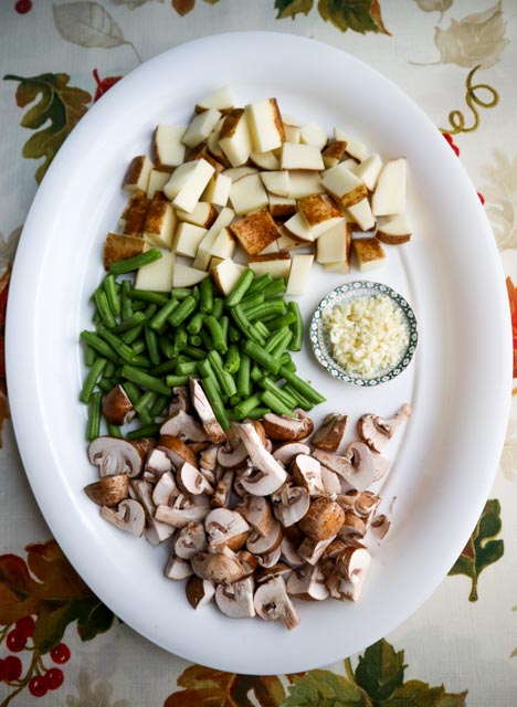 potatoes chopped in bite sized pieces green beans trimmed and cut garlic minced