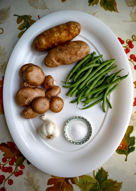 potato and veggie saute ingredients potatoes green beans mushrooms garlic and salt