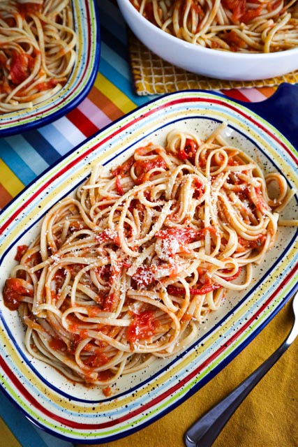 fresh tomato sauce single serving served on a colorful plate