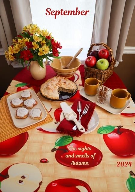 september dinner table with apples and cinnamon in golds and reds